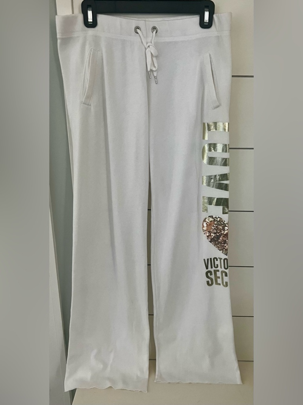 Victoria's Secret White Wide Leg Sweatpants with Gold and Rose Gold Accent